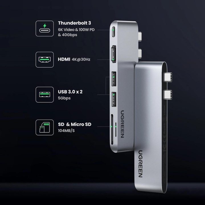 HUB'as CM380 2xUSB C - HDMI/2xUSB 3.0/SD TF/USB C PD - pilkas