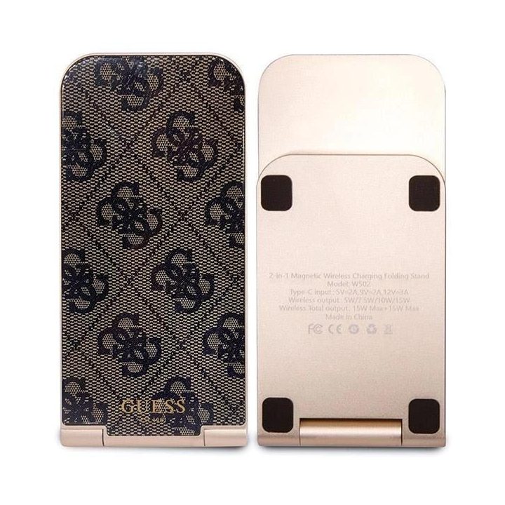 indukcinis įkroviklis - rudas Guess 4G Pattern MagSafe sulankstomas 2in1 15W