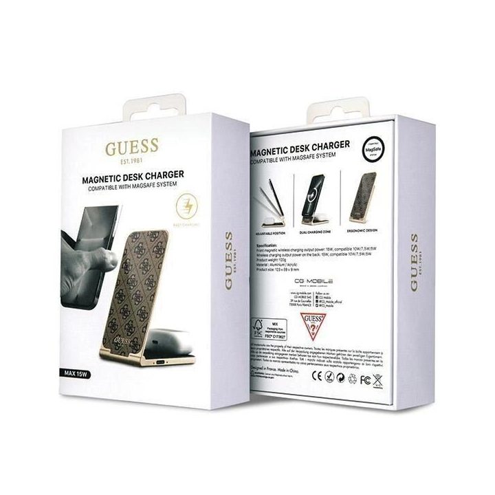 indukcinis įkroviklis - rudas Guess 4G Pattern MagSafe sulankstomas 2in1 15W
