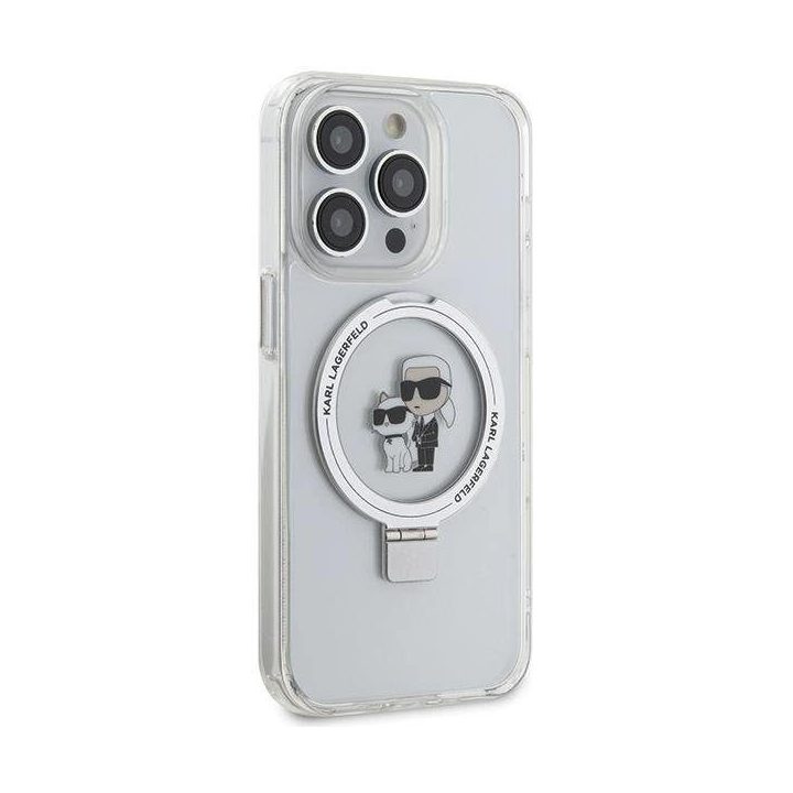 iPhone 13 Pro / 13 - baltas Karl Lagerfeld Ring Stand Karl&Choupette MagSafe dėklas