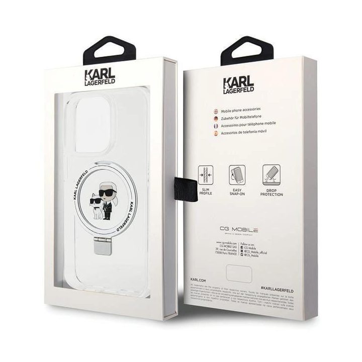 iPhone 13 Pro / 13 - baltas Karl Lagerfeld Ring Stand Karl&Choupette MagSafe dėklas