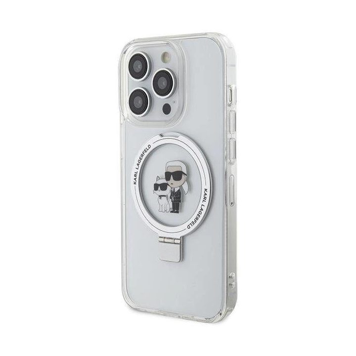 iPhone 13 Pro / 13 - baltas Karl Lagerfeld Ring Stand Karl&Choupette MagSafe dėklas