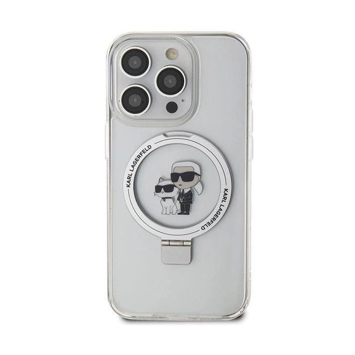 iPhone 13 Pro / 13 - baltas Karl Lagerfeld Ring Stand Karl&Choupette MagSafe dėklas