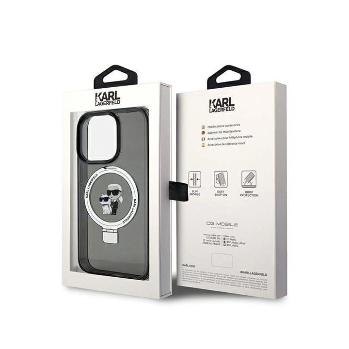 iPhone 13 Pro Max - juodas Karl Lagerfeld Ring Stand Karl&Choupette MagSafe dėklas