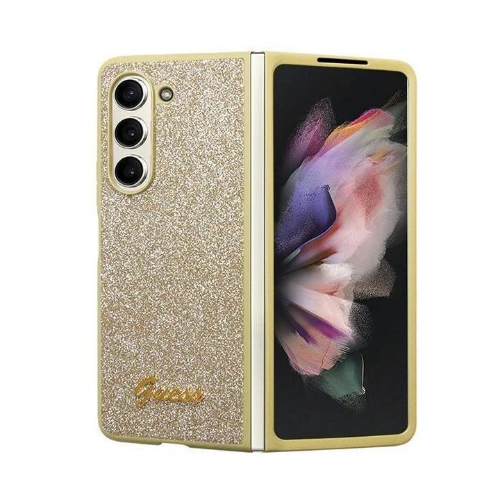 Samsung Galaxy Z Fold 5 - aukso spalvos Guess Glitter Script dėklas, skirtas