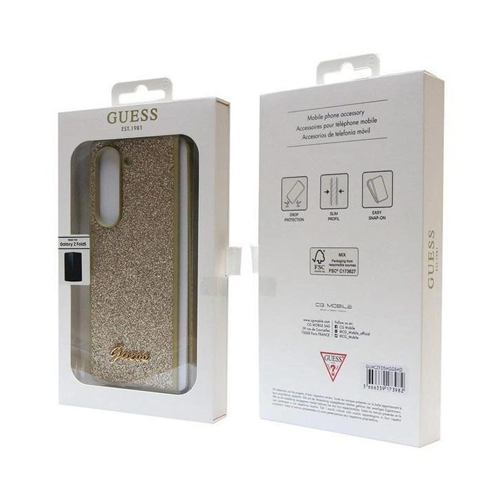 Samsung Galaxy Z Fold 5 - aukso spalvos Guess Glitter Script dėklas, skirtas