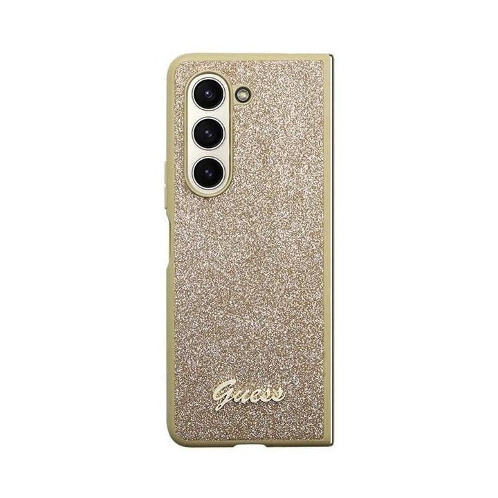 Samsung Galaxy Z Fold 5 - aukso spalvos Guess Glitter Script dėklas, skirtas