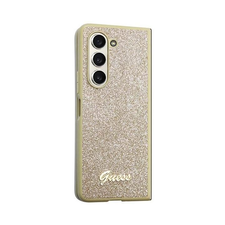 Samsung Galaxy Z Fold 5 - aukso spalvos Guess Glitter Script dėklas, skirtas