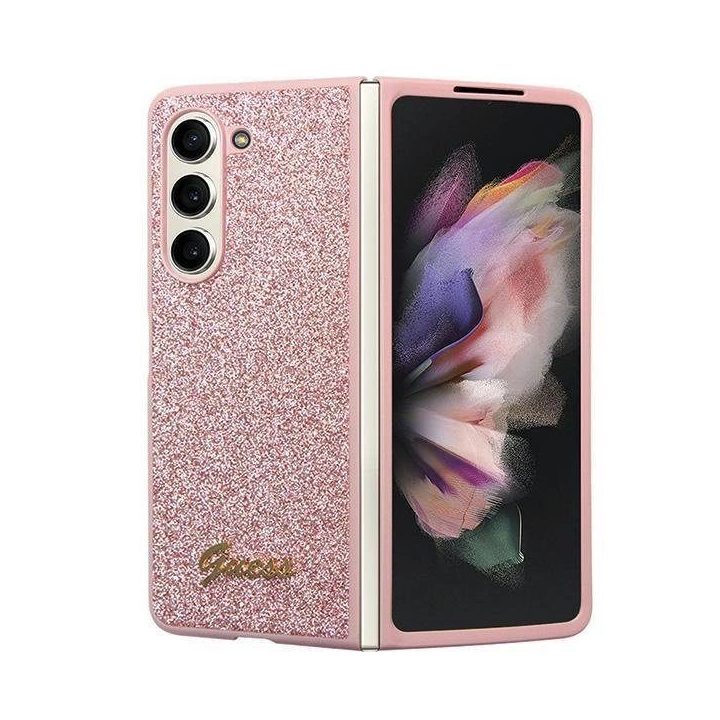 Samsung Galaxy Z Fold 5 - rožinis Guess Glitter Script dėklas