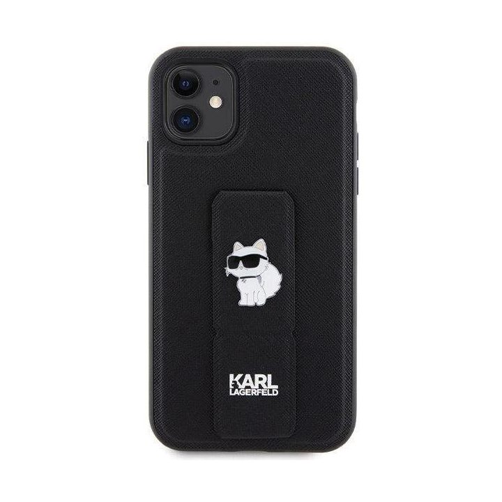 iPhone 11 / Xr - juodas Karl Lagerfeld Gripstand Saffiano Choupette Pins dėklas