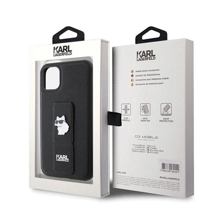 iPhone 11 / Xr - juodas Karl Lagerfeld Gripstand Saffiano Choupette Pins dėklas