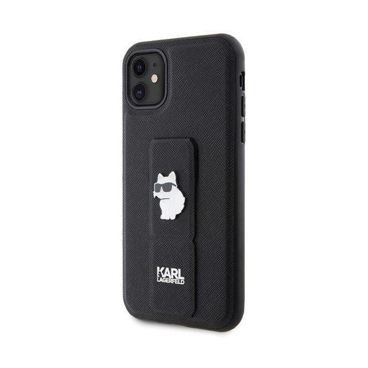 iPhone 11 / Xr - juodas Karl Lagerfeld Gripstand Saffiano Choupette Pins dėklas