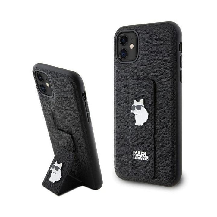 iPhone 11 / Xr - juodas Karl Lagerfeld Gripstand Saffiano Choupette Pins dėklas