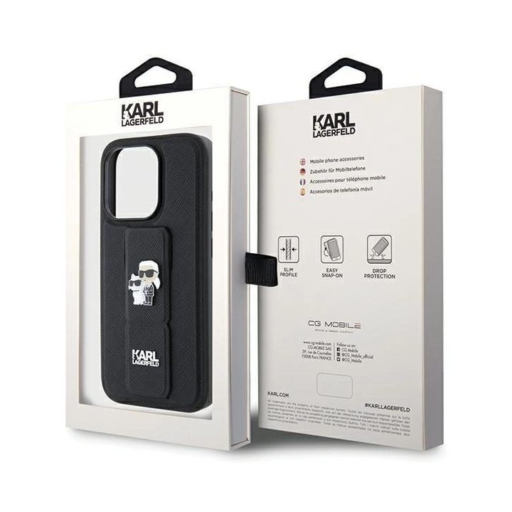 iPhone 13 Pro / 13 - juodas Karl Lagerfeld Gripstand Saffiano Karl&Choupette Pins dėklas