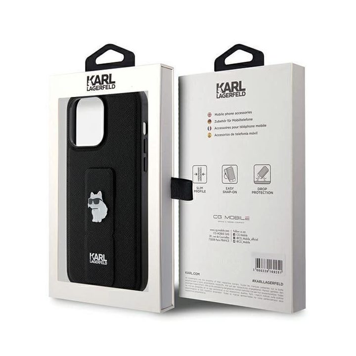 iPhone 13 Pro Max - juodas Karl Lagerfeld Gripstand Saffiano Choupette Pins dėklas