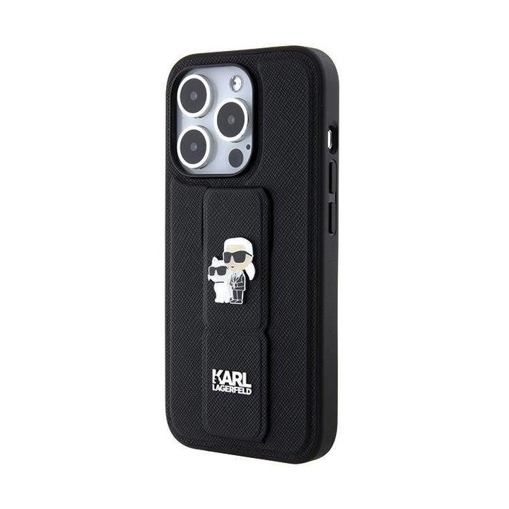 iPhone 14 Pro - juodas Karl Lagerfeld Gripstand Saffiano Karl&Choupette Pins dėklas