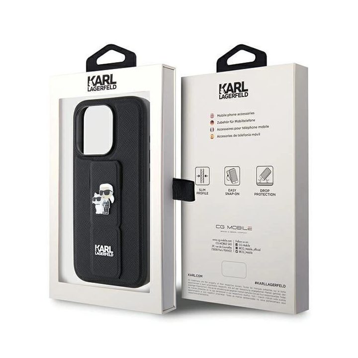 iPhone 14 Pro - juodas Karl Lagerfeld Gripstand Saffiano Karl&Choupette Pins dėklas