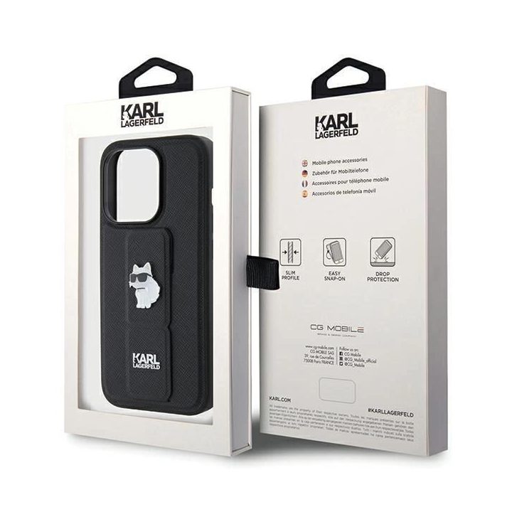 iPhone 14 Pro Max - juodas Karl Lagerfeld Gripstand Saffiano Choupette Pins dėklas