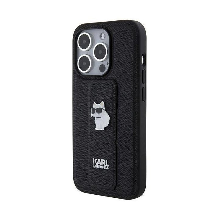 iPhone 14 Pro Max - juodas Karl Lagerfeld Gripstand Saffiano Choupette Pins dėklas