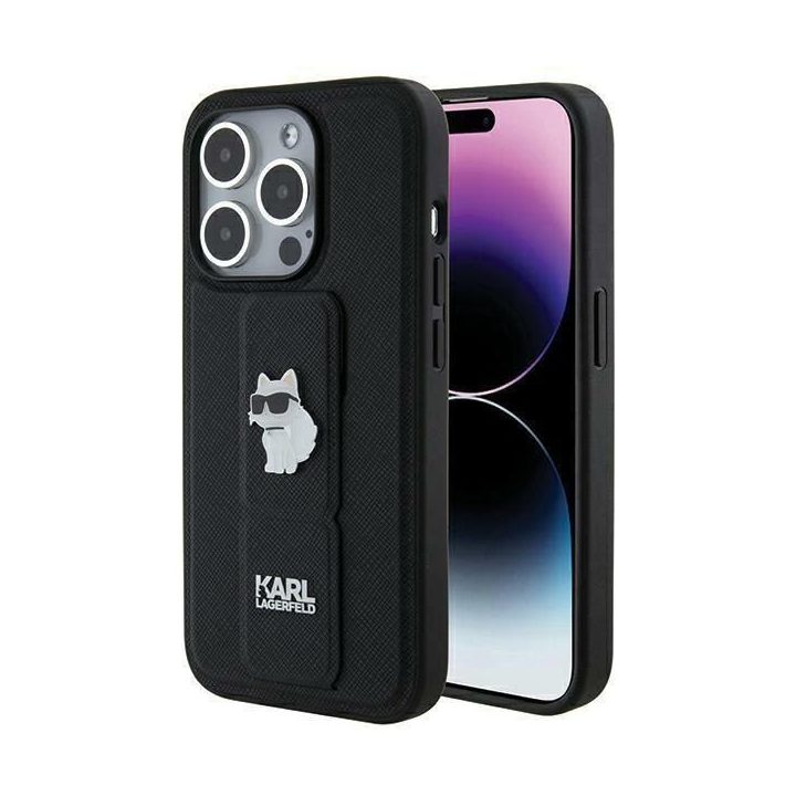iPhone 14 Pro Max - juodas Karl Lagerfeld Gripstand Saffiano Choupette Pins dėklas