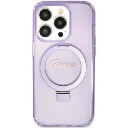 iPhone 11 / Xr - violetinis Guess Ring Stand Script Glitter MagSafe dėklas