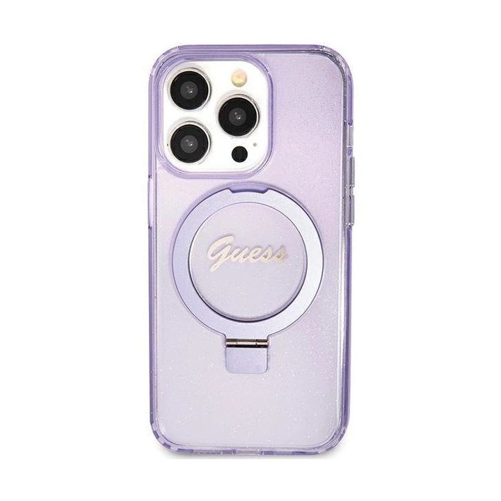 iPhone 11 / Xr - violetinis Guess Ring Stand Script Glitter MagSafe dėklas