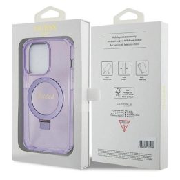 iPhone 13 Pro Max - violetinis Guess Ring Stand Script Glitter MagSafe dėklas