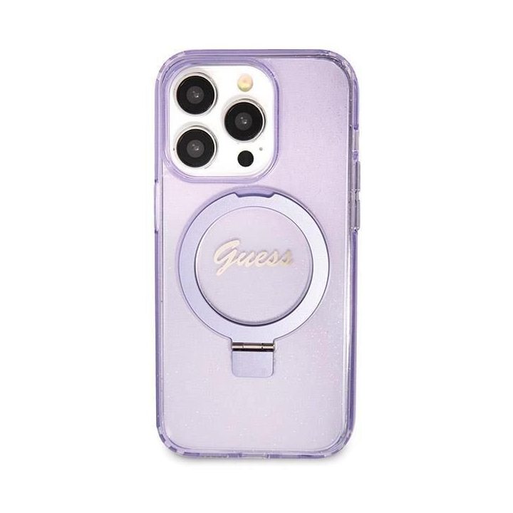 iPhone 13 Pro Max - violetinis Guess Ring Stand Script Glitter MagSafe dėklas