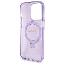 iPhone 14 Pro Max - violetinis Guess Ring Stand Script Glitter MagSafe dėklas