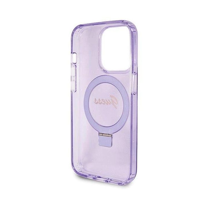 iPhone 14 Pro Max - violetinis Guess Ring Stand Script Glitter MagSafe dėklas