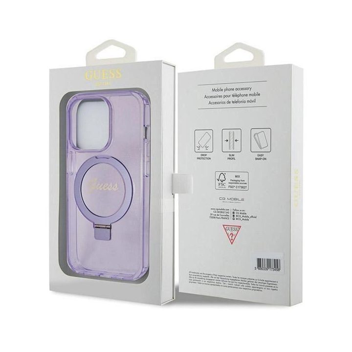 iPhone 14 Pro Max - violetinis Guess Ring Stand Script Glitter MagSafe dėklas