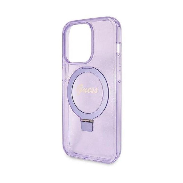 iPhone 14 Pro Max - violetinis Guess Ring Stand Script Glitter MagSafe dėklas