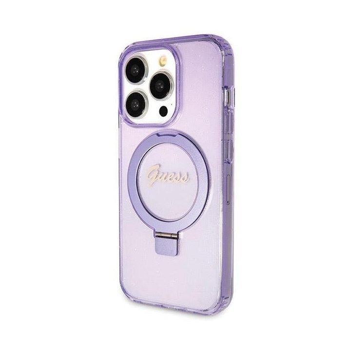 iPhone 14 Pro Max - violetinis Guess Ring Stand Script Glitter MagSafe dėklas
