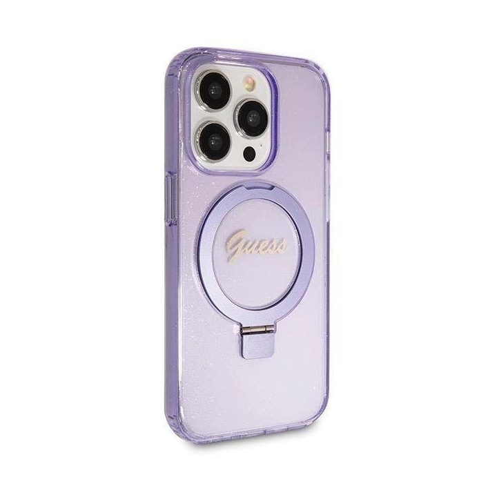 iPhone 14 Pro Max - violetinis Guess Ring Stand Script Glitter MagSafe dėklas