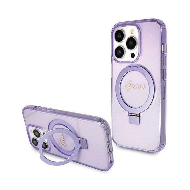 iPhone 14 Pro Max - violetinis Guess Ring Stand Script Glitter MagSafe dėklas