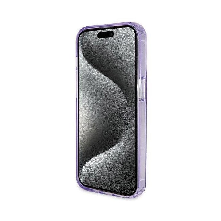 iPhone 14 Pro Max - violetinis Guess Ring Stand Script Glitter MagSafe dėklas