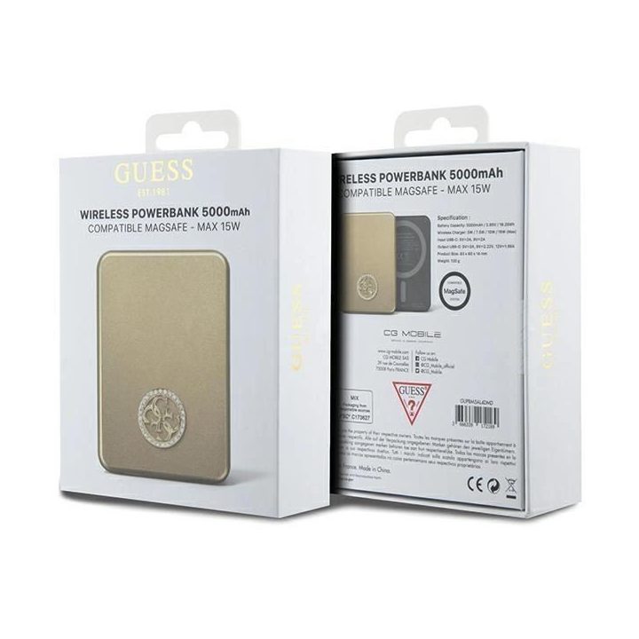 Powerbankas Guess MagSafe 4G Strassed Metal Logo indukcinis maitinimo bankas 15W 5000mAh - auksinis