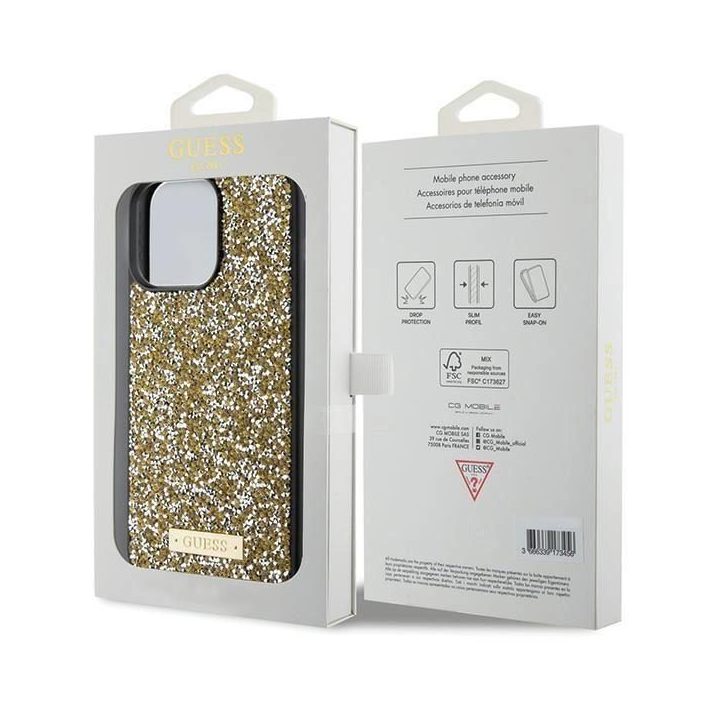 iPhone 15 Pro - geltonas Guess Rhinestone Metal Logo dėklas