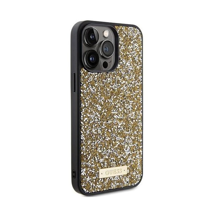 iPhone 15 Pro - geltonas Guess Rhinestone Metal Logo dėklas