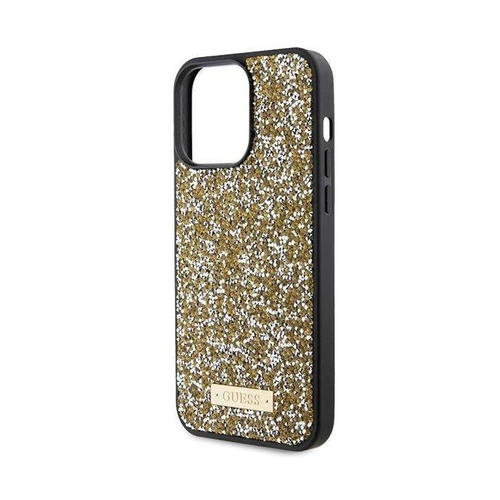 iPhone 15 Pro - geltonas Guess Rhinestone Metal Logo dėklas