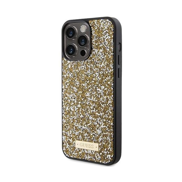 iPhone 15 Pro - geltonas Guess Rhinestone Metal Logo dėklas
