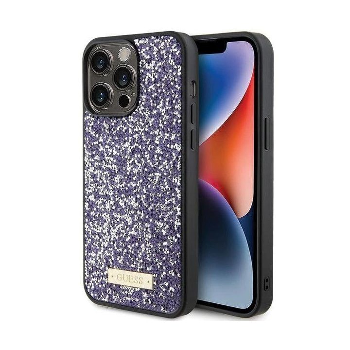 iPhone 15 Pro - rožinis Guess Rhinestone Metal Logo dėklas