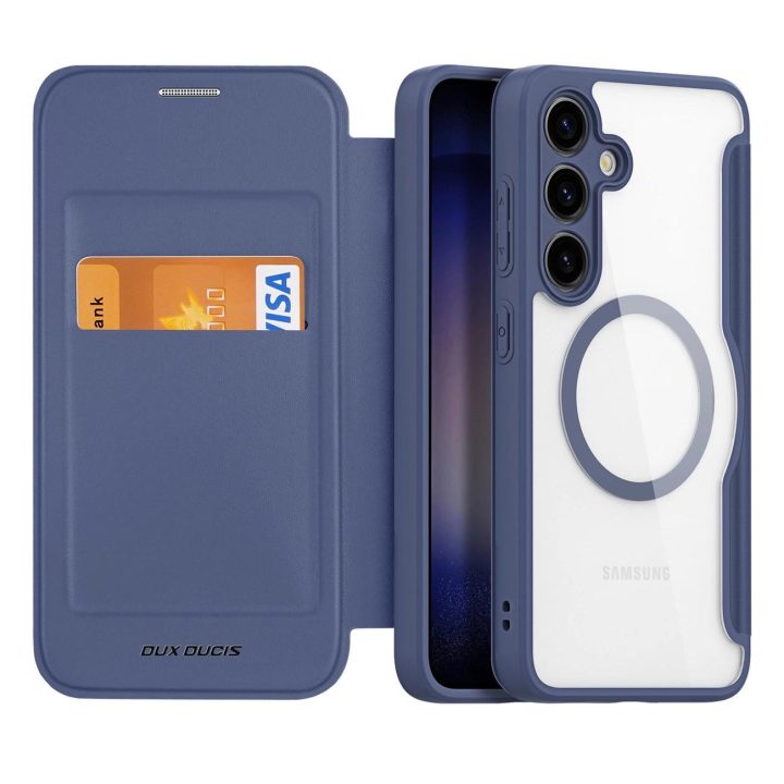 Skin X Pro dėklas Samsung S24+ su magnetiniu žiedu ir atvartu - mėlynas