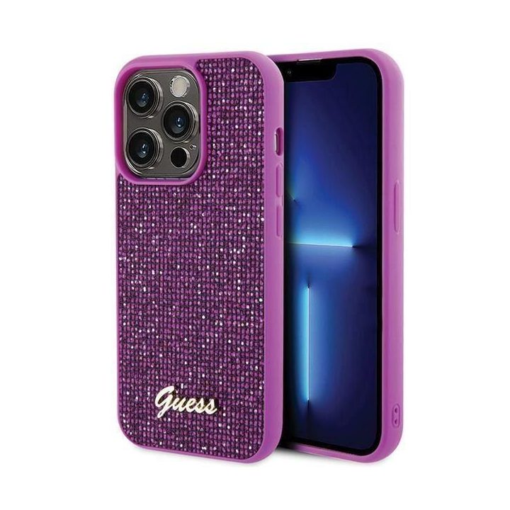 iPhone 15 Pro - rožinis Guess Disco Metal Script dėklas