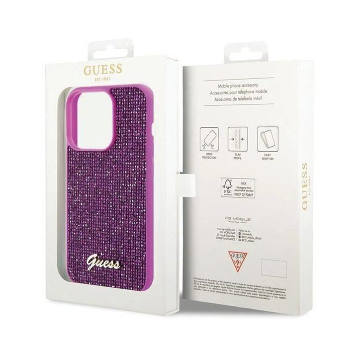iPhone 15 Pro - rožinis Guess Disco Metal Script dėklas