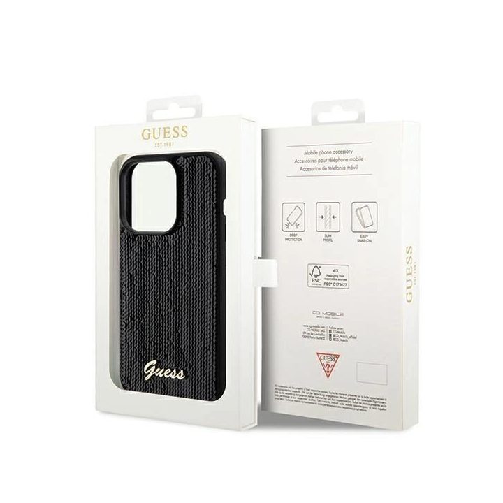 Guess Sequin Script Metalinis dėklas iPhone 14 Pro Max - juodas
