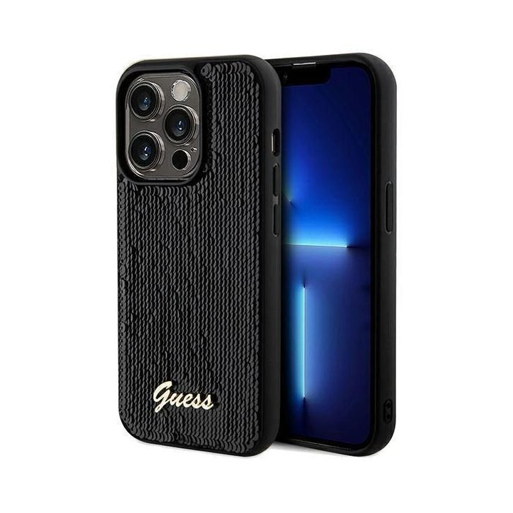 Guess Sequin Script Metalinis dėklas iPhone 14 Pro Max - juodas