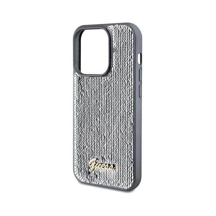 Guess Sequin Script Metalinis dėklas iPhone 14 Pro Max - sidabrinis