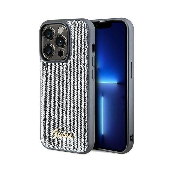 Guess Sequin Script Metalinis dėklas iPhone 14 Pro Max - sidabrinis