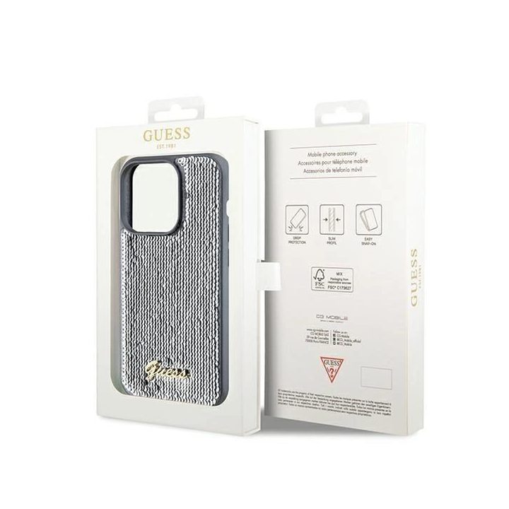 Guess Sequin Script Metalinis dėklas iPhone 14 Pro Max - sidabrinis